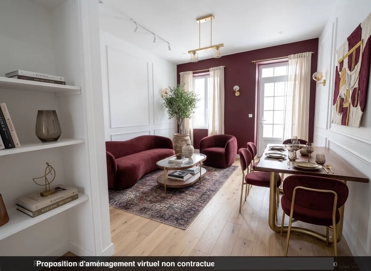 Séjour du lot 0.02 restauré, boiseries moulurées, mur bordeaux et velours