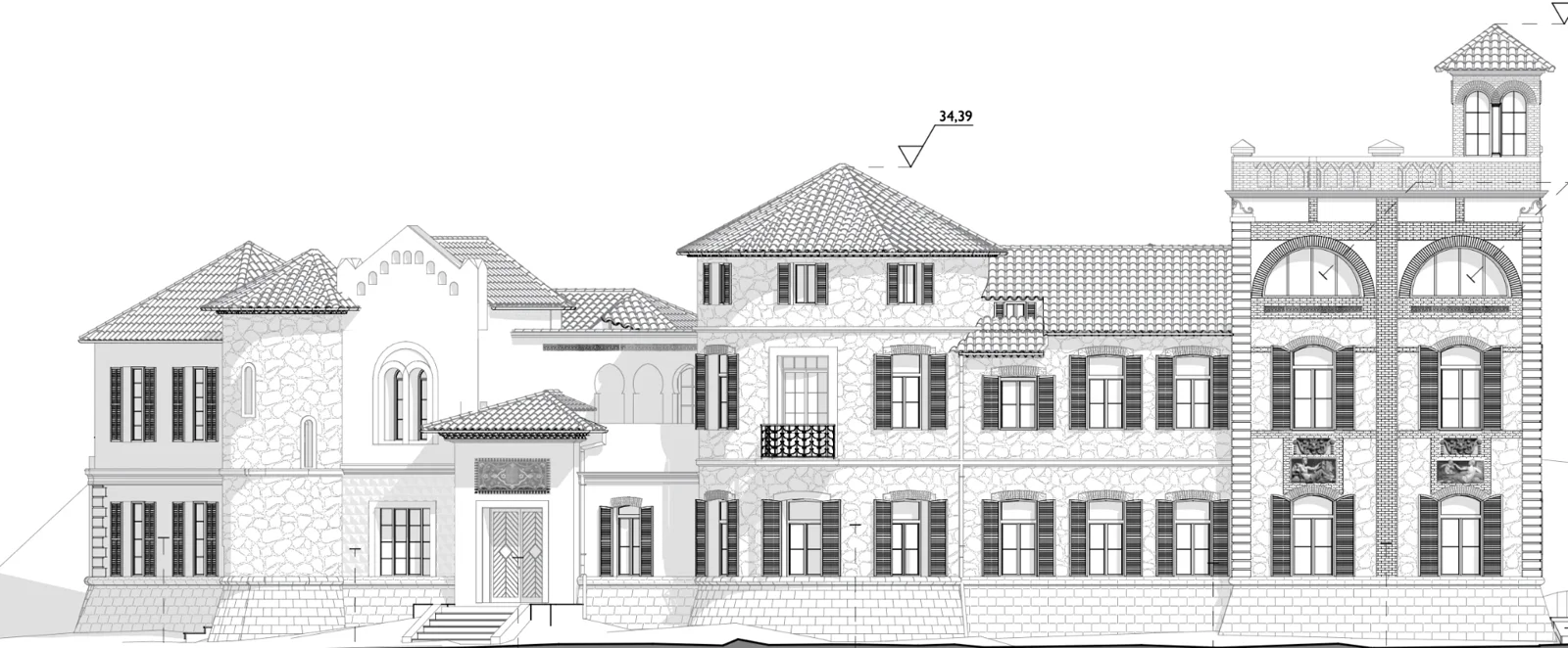 Élévation d'ensemble du château des Bormettes : corps ouest, porche d'entrée, façade en pierre et tour carrée en brique surmontée du campanile