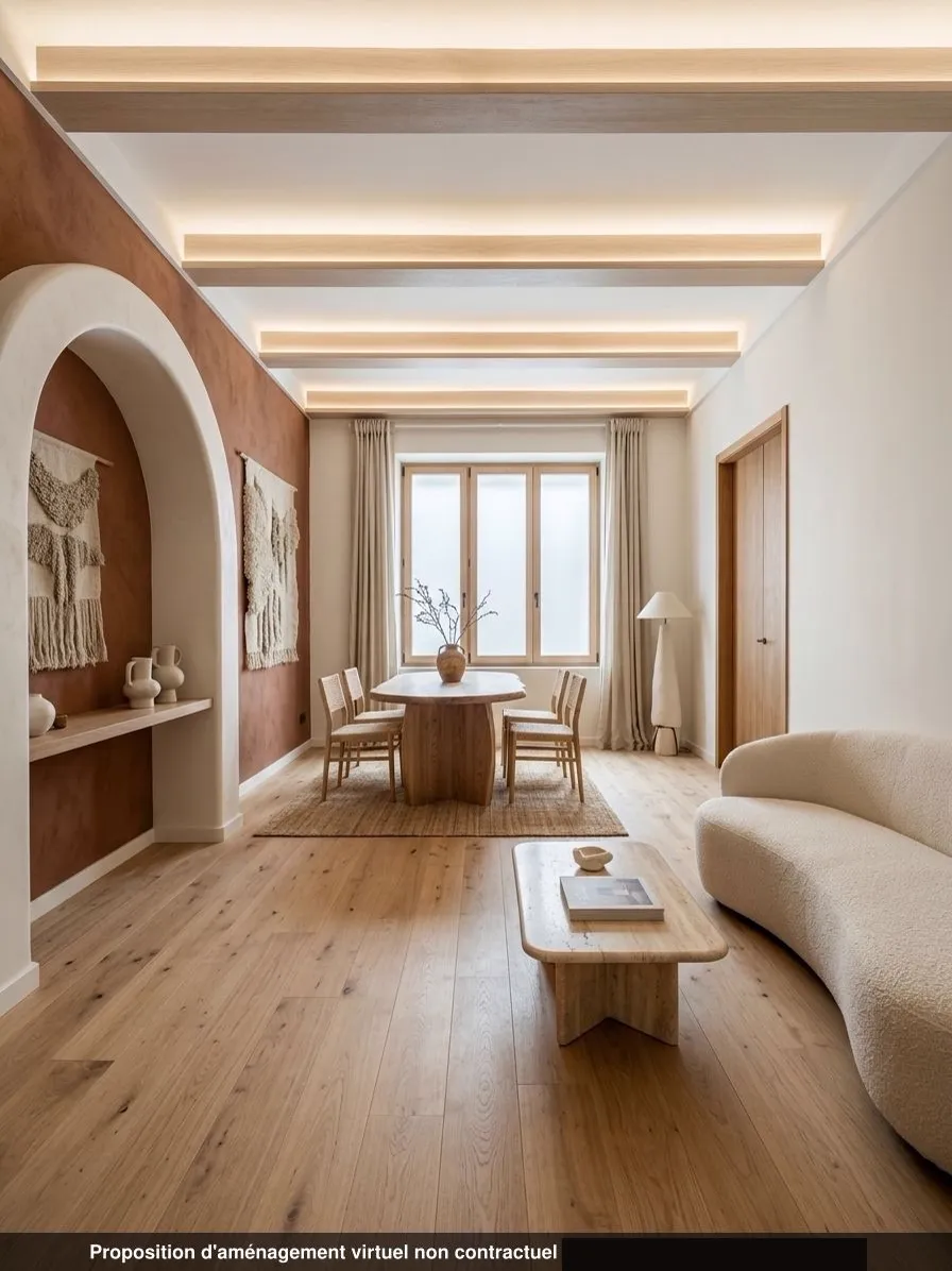 Séjour du lot 0.01 en ambiance contemporaine, poutres éclairées et parquet large