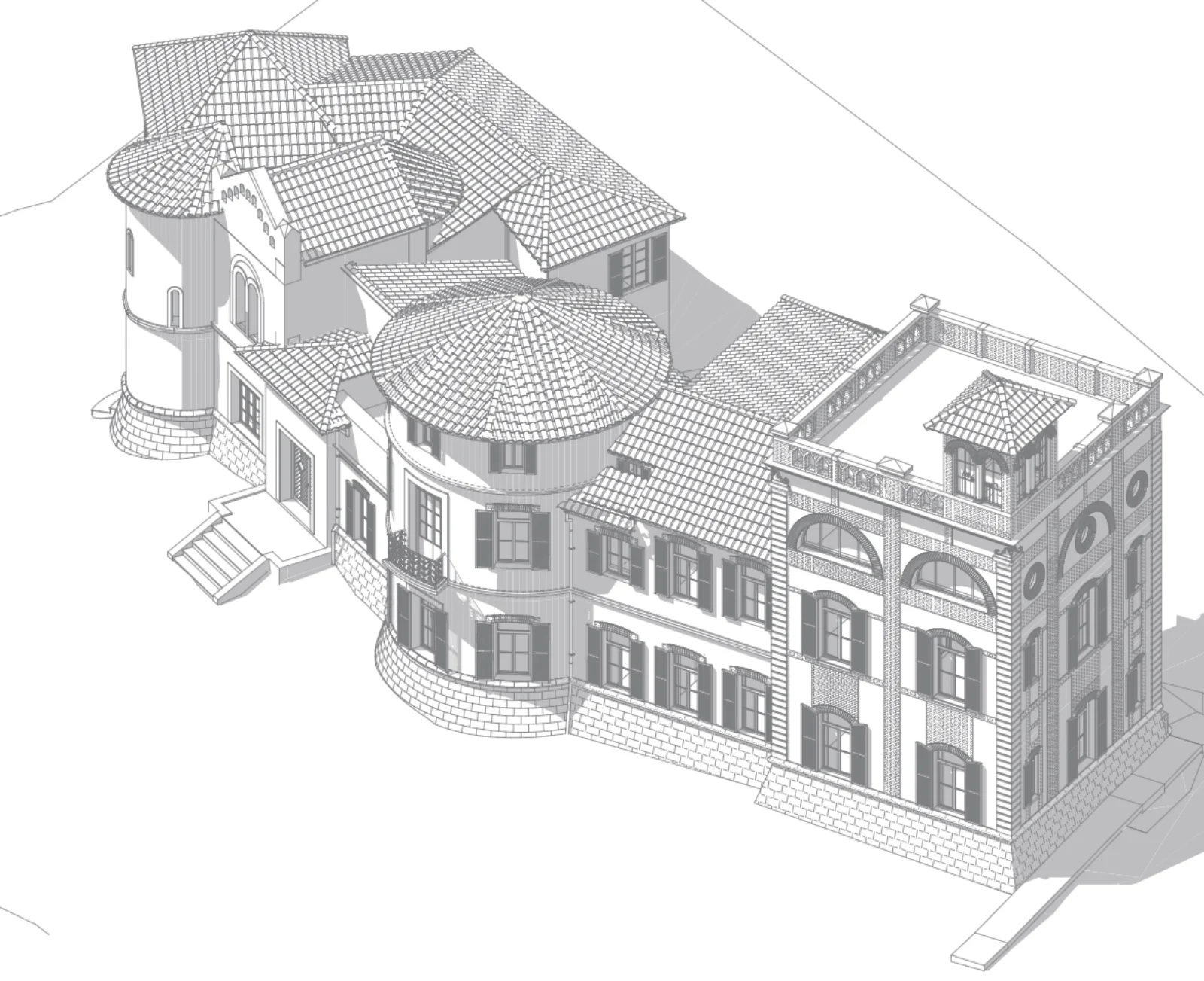 Vue axonométrique 3D de l'ensemble du château des Bormettes, tour ronde, rotonde et tour carrée