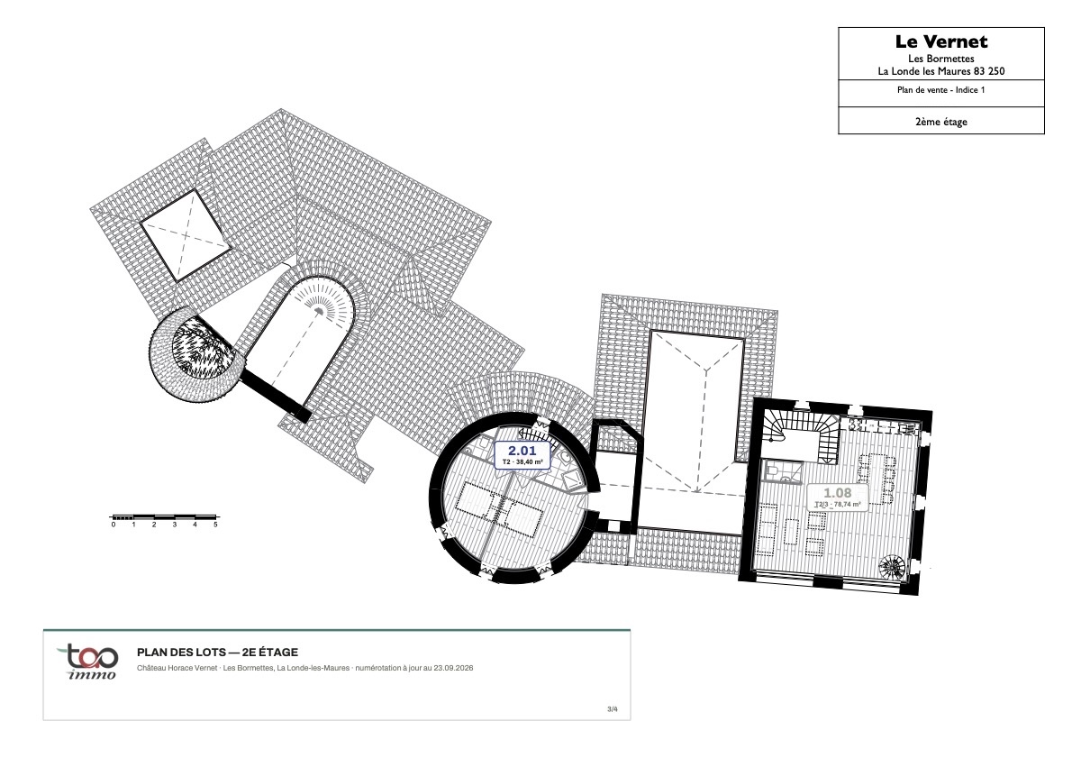 Plan de vente du deuxième étage du château des Bormettes : duplex de la tour ronde et tour carrée