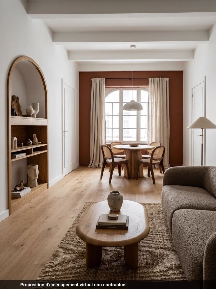 Séjour du lot 0.01 restauré, parquet chêne clair et niche en arc