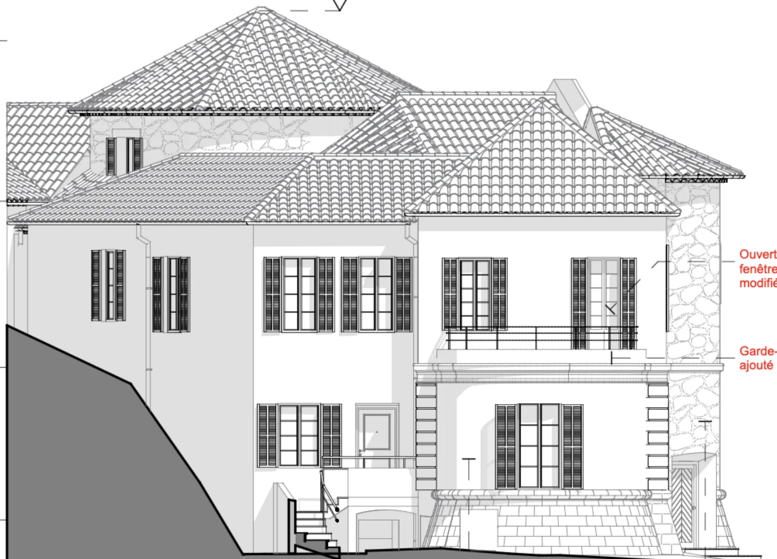 Élévation 3D de la façade est du château des Bormettes avec balcons, garde-corps et toitures en tuiles