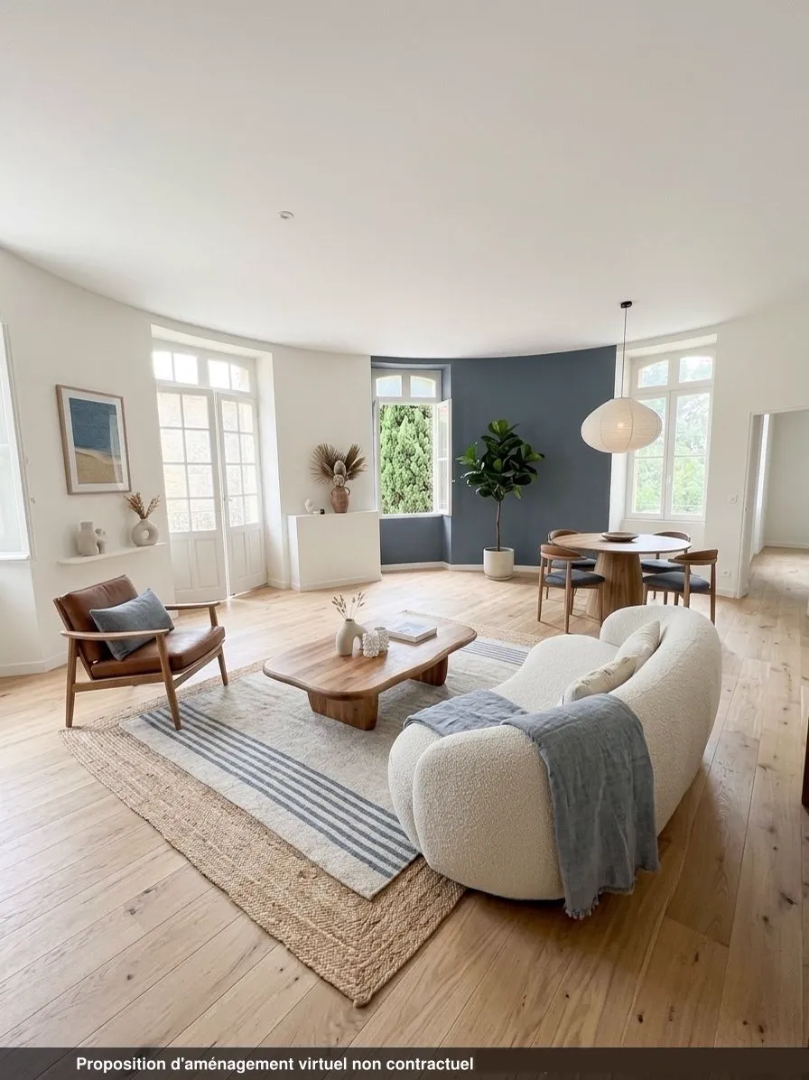 Séjour du lot 1.04 restauré, canapé bouclé écru, mur bleu ardoise et parquet de chêne clair