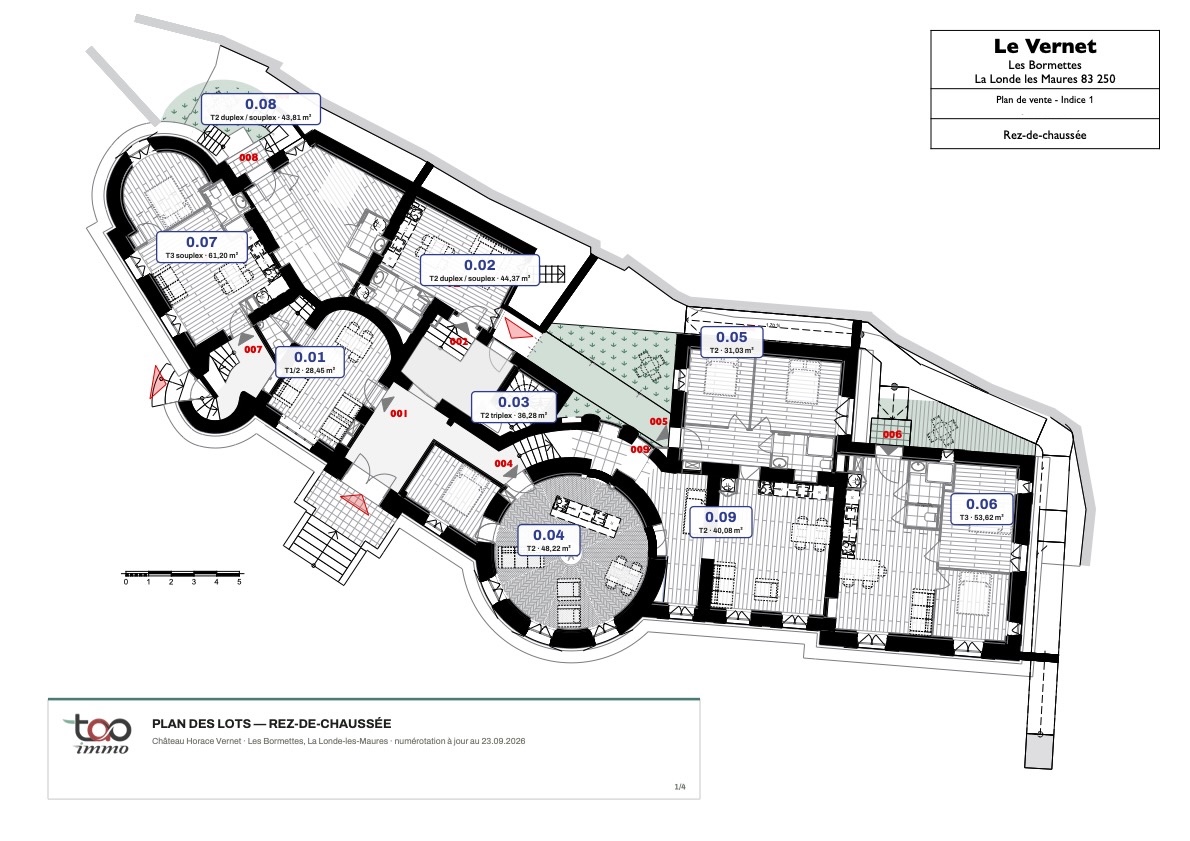 Plan de vente du rez-de-chaussée du château des Bormettes, avec le repérage des neuf appartements