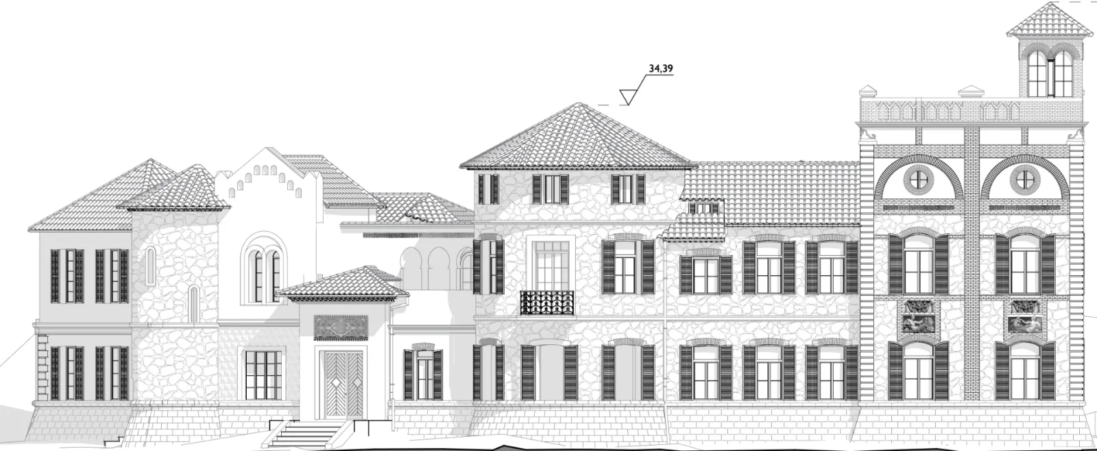 Élévation 3D de la façade sud du château des Bormettes, tour carrée en brique, toitures en tuiles et volets persiennés