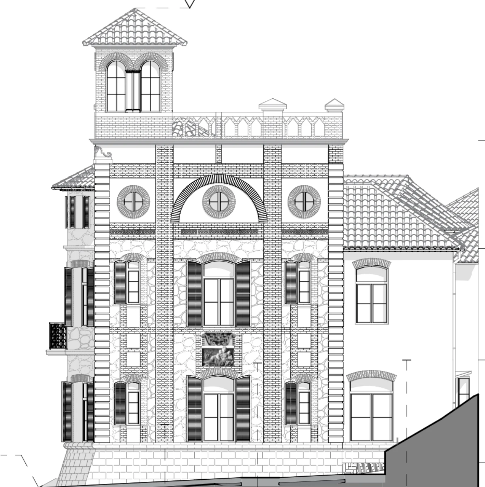 Élévation 3D de la tour carrée du château des Bormettes : brique, oculi, arcature et campanile