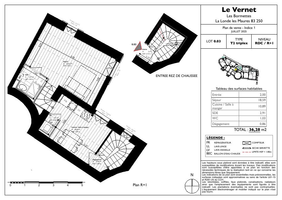 Plan de l'appartement 0.03, T2 de 36,28 m²