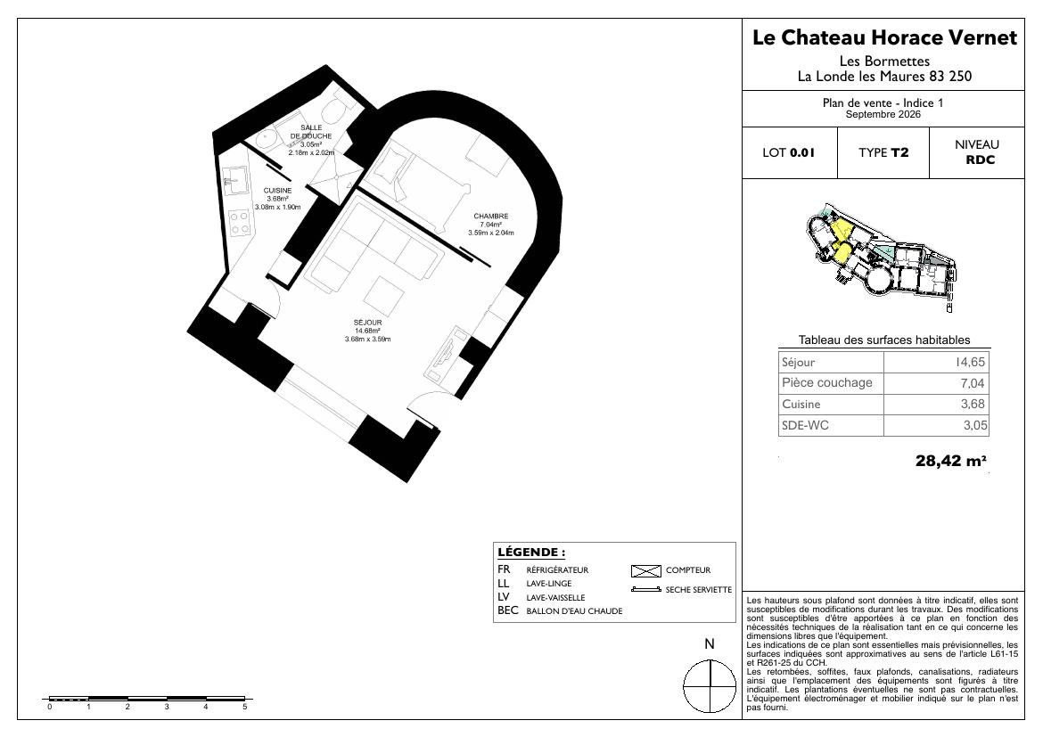 Plan de l'appartement 0.01, T1/2 de 28,42 m²