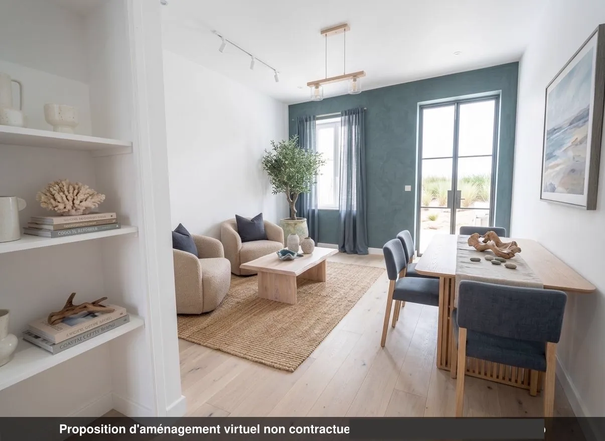 Séjour du lot 0.02 restauré, parquet chêne clair, mur bleu profond et coin repas