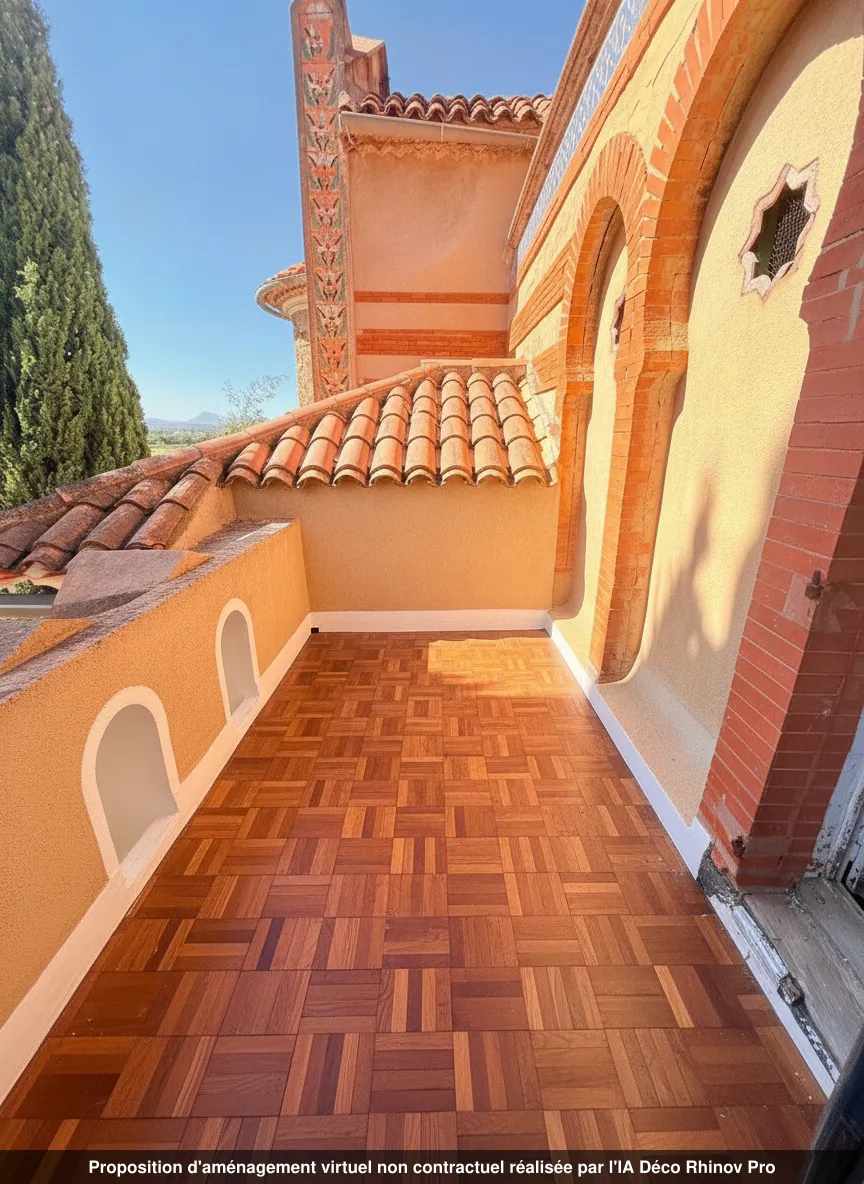 Terrasse du lot 1.02 restaurée, sol bois à chevrons, menuiserie neuve et garde-corps repeint